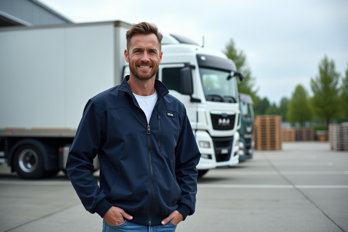 Homme confiant debout à côté d’un camion blanc dans une cour logistique