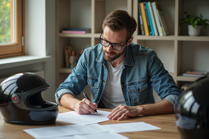 Homme en denim remplissant documents de transfert moto