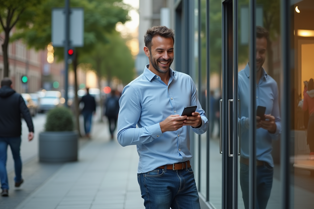 Homme décontracté vérifiant son smartphone devant une banque