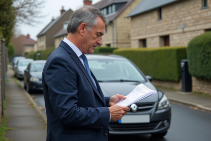 Homme fran&ccedil;ais en costume regardant un document officiel