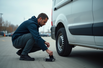 Homme fixant un traceur GPS sous une camionnette blanche