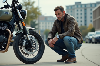 Homme inspectant le disque de frein d'une moto en extérieur