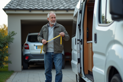 Homme mesurant l'entr&eacute;e du garage avec un van camper blanc