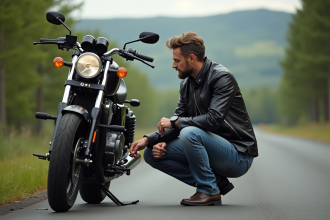 Homme d'âge moyen inspectant son moteur de moto en plein air