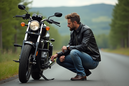 Homme d'âge moyen inspectant son moteur de moto en plein air