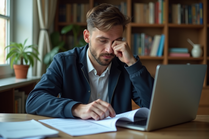 Homme en bureau &eacute;tudiant un manuel auto avec ordinateur