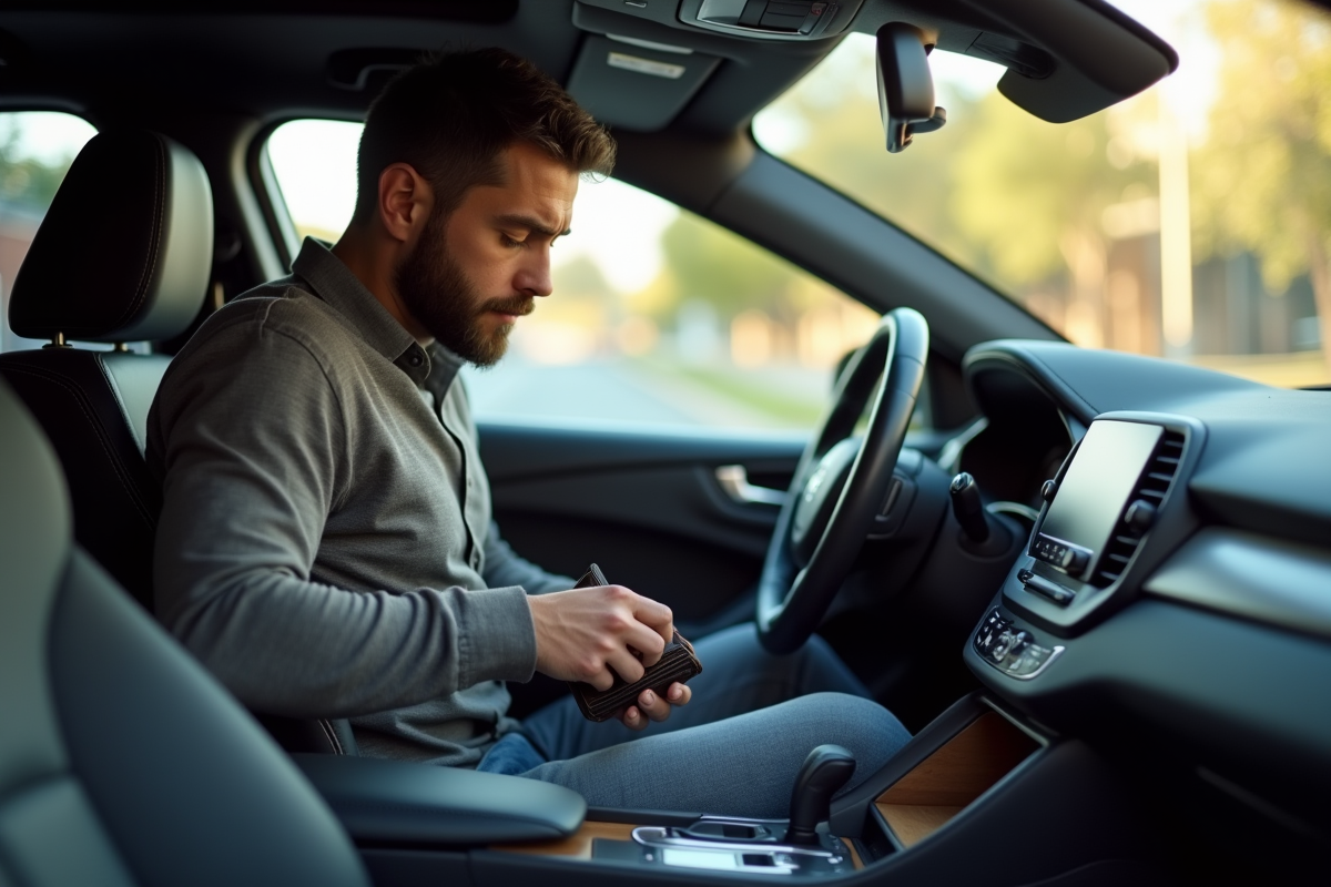 Homme cherchant ses papiers dans une voiture ensoleillee