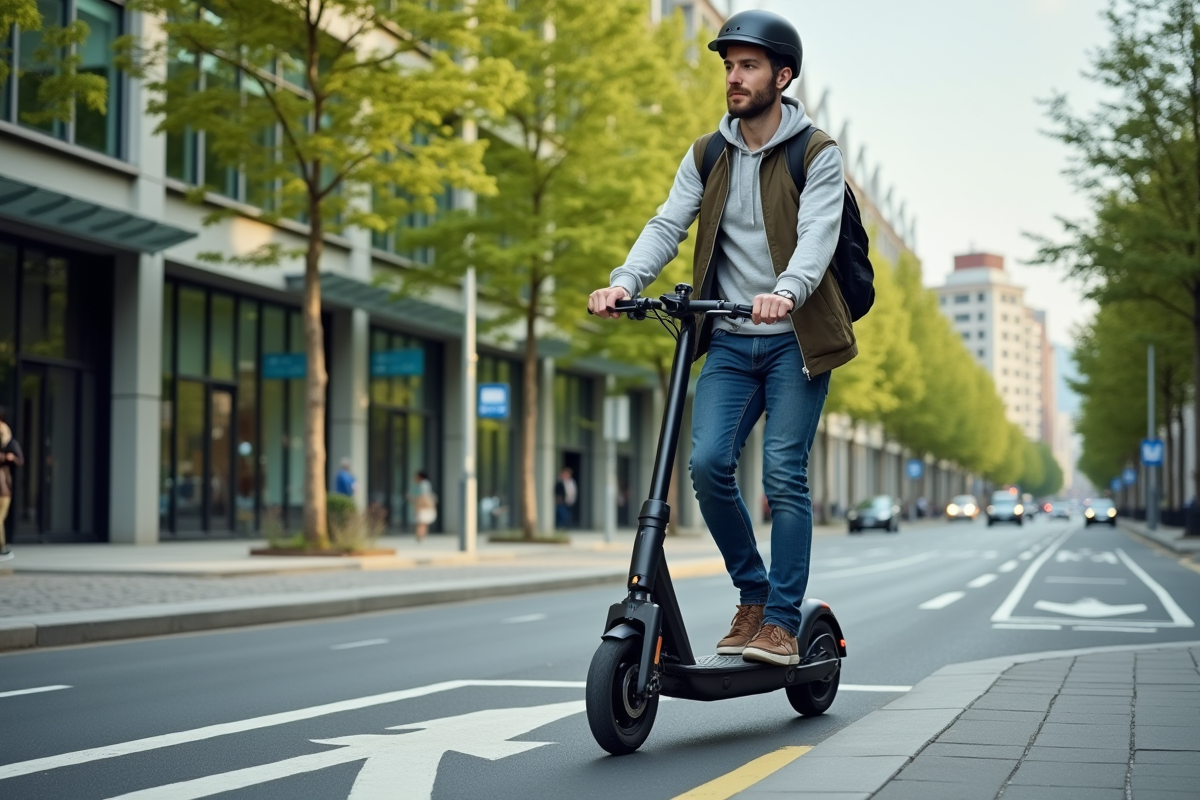 Homme en scooter électrique sur une piste cyclable urbaine en ville