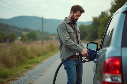 Homme en ext&eacute;rieur siphonnant du carburant dans une voiture