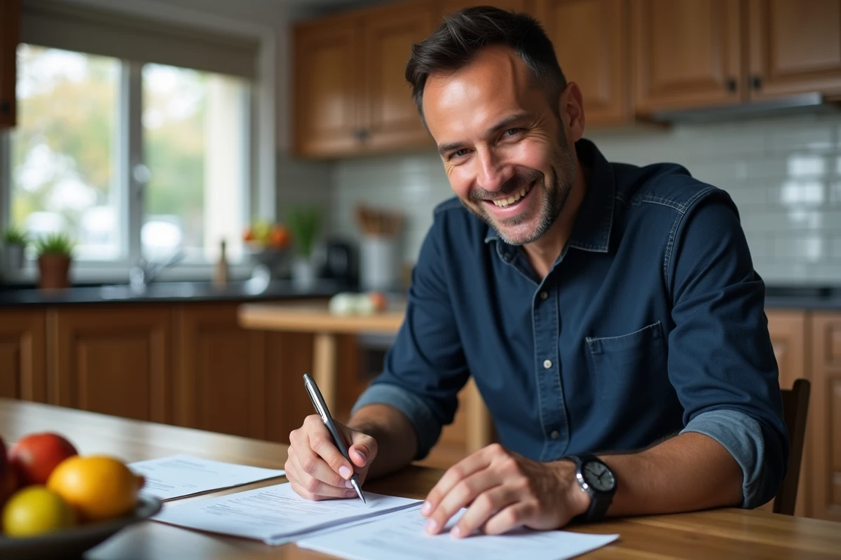 Homme souriant en cuisine avec documents et ambiance chaleureuse