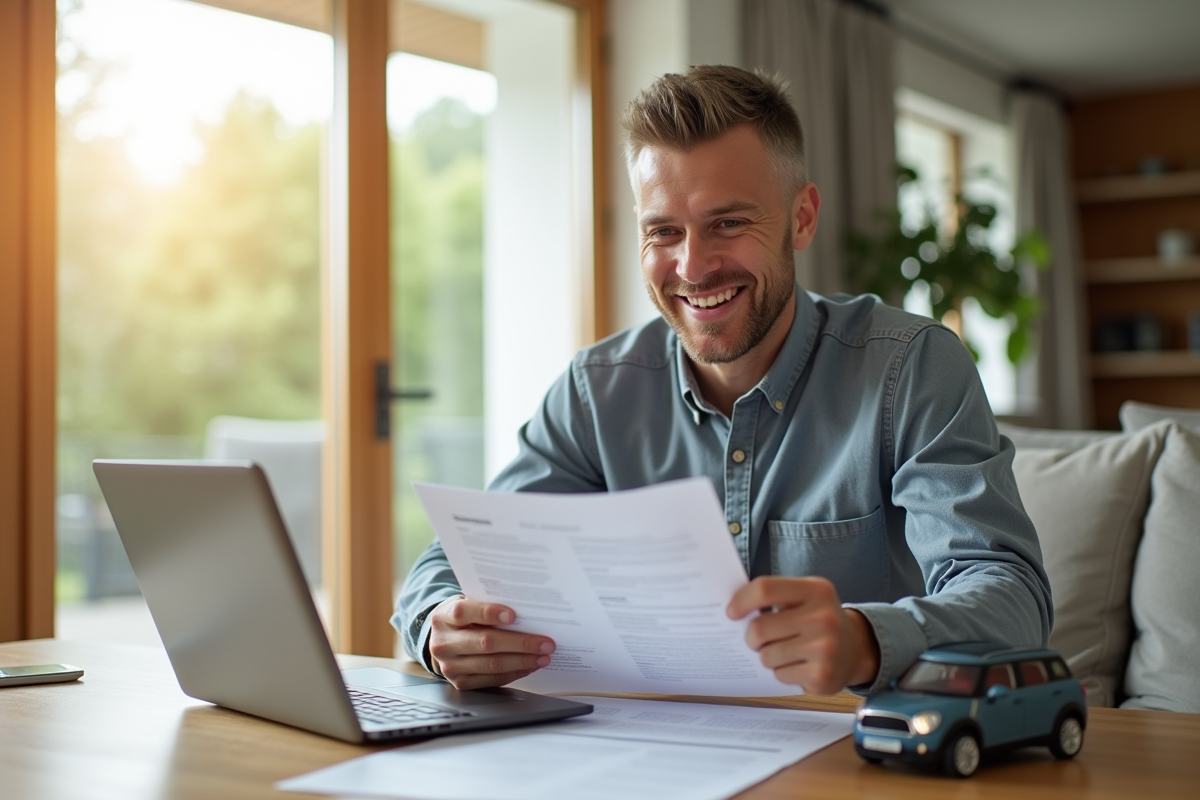 Homme souriant vérifiant documents dans un salon lumineux