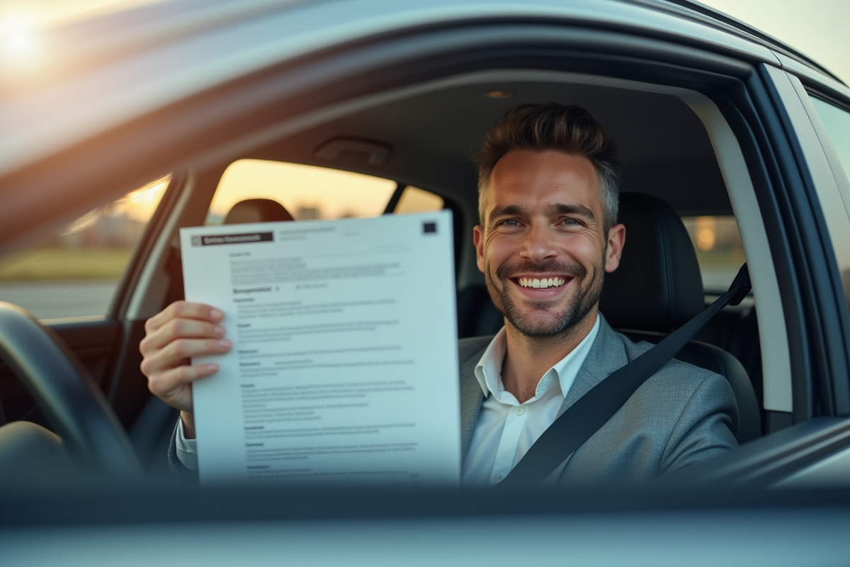 Homme souriant dans une voiture moderne tenant un contrat d'assurance