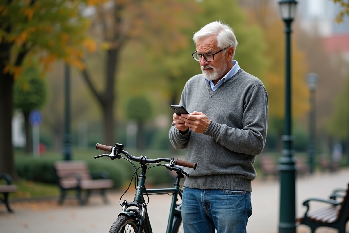 Homme âgé utilisant une application de navigation avec son vélo