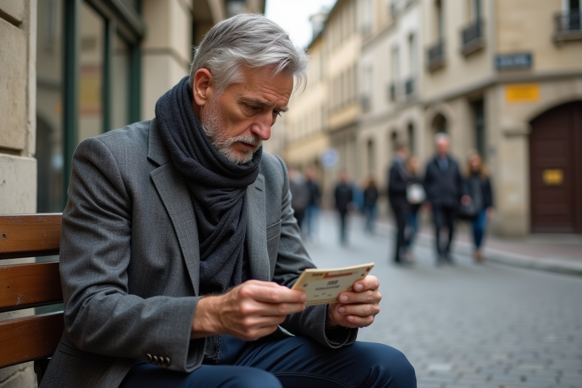 Homme âgé regardant son ancien permis de conduire devant la mairie