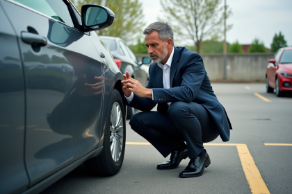 Homme d'affaires inspectant une voiture endommagée dans un parking