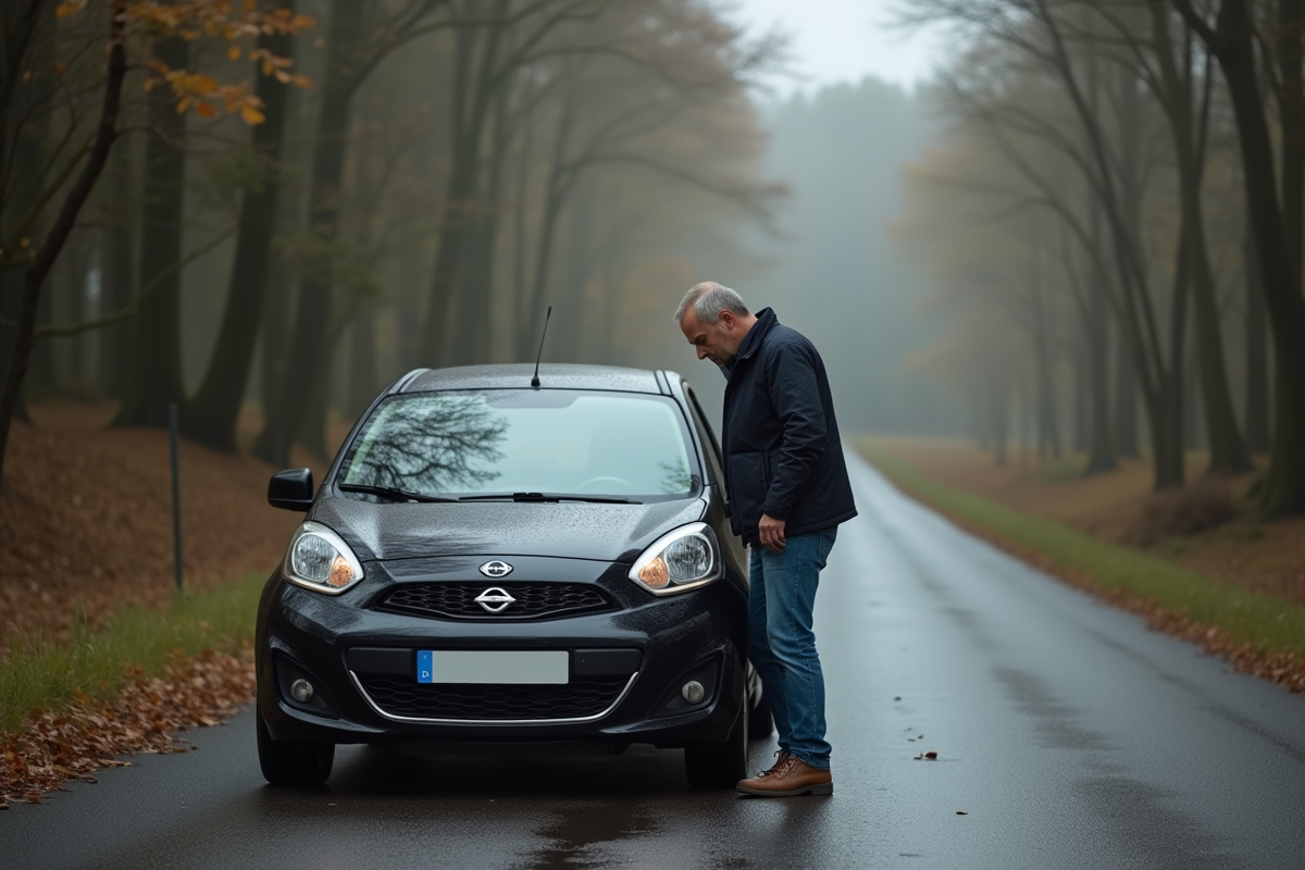 Homme d'âge moyen examine une voiture endommagée en campagne