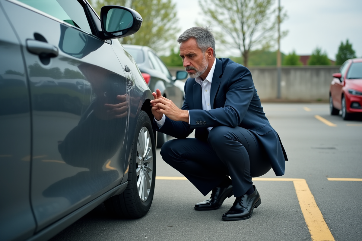 Homme d'affaires inspectant une voiture endommagée dans un parking
