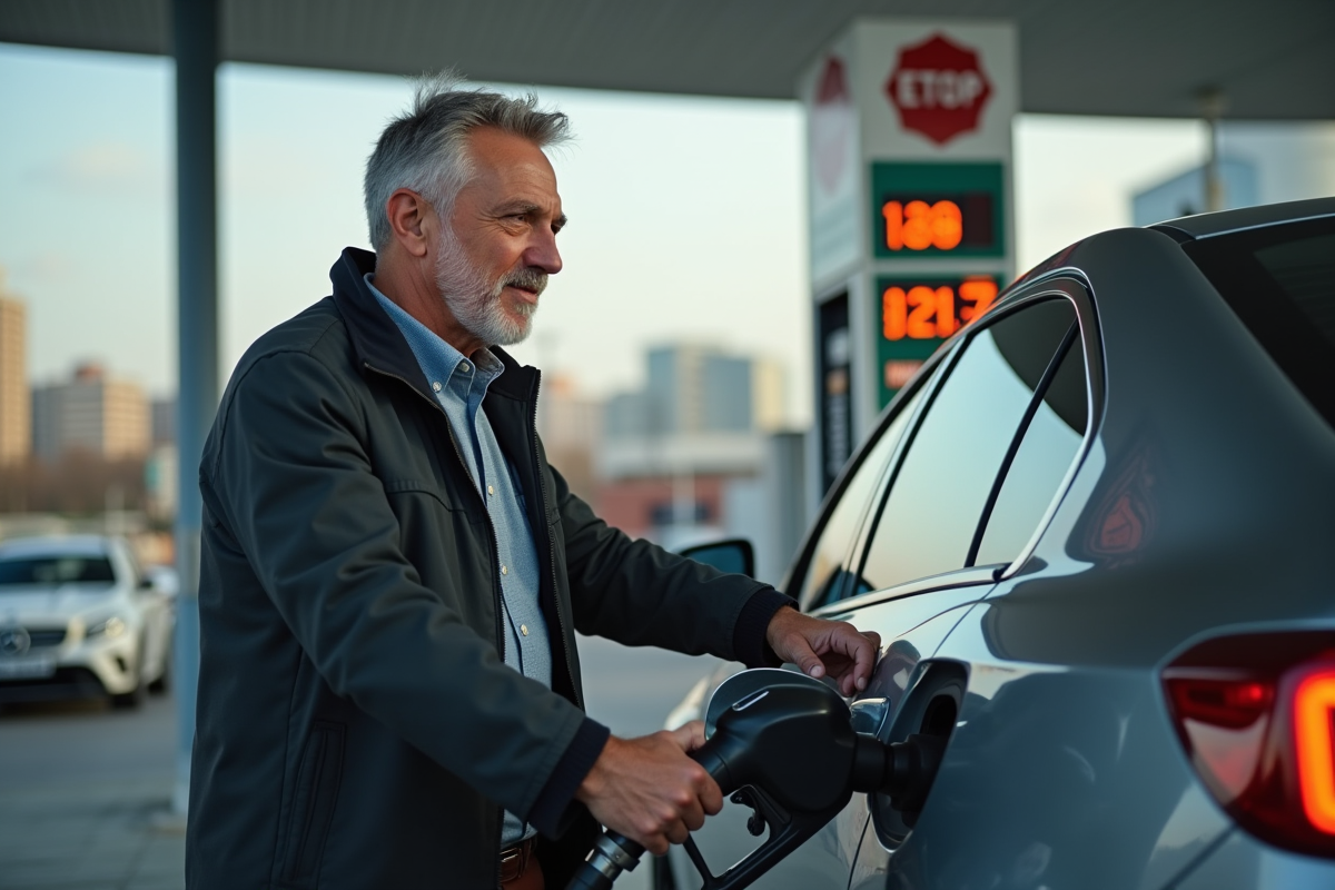 Homme d'âge moyen faisant le plein dans une station-service urbaine