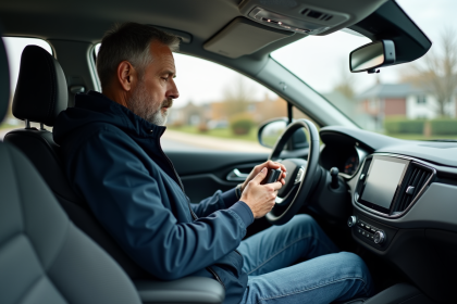 Homme en voiture mettant à jour le GPS avec une clé USB