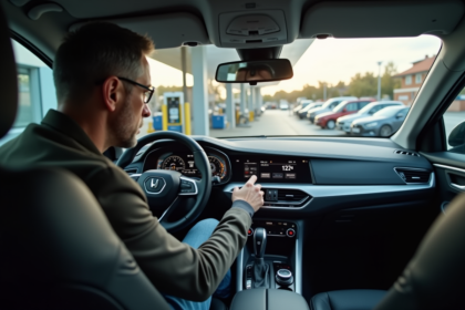 Homme vérifiant le compteur digital de sa voiture moderne