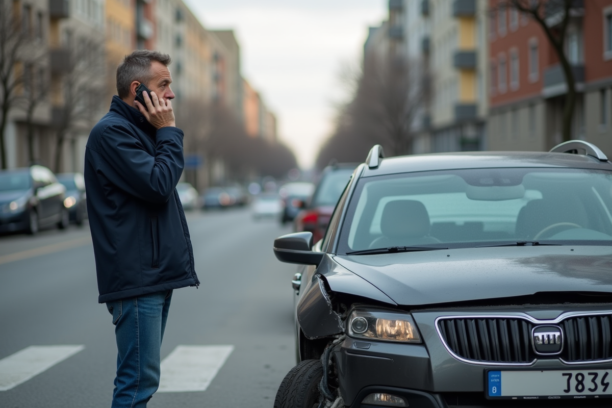 Homme parlant au téléphone à côté de sa voiture en ville