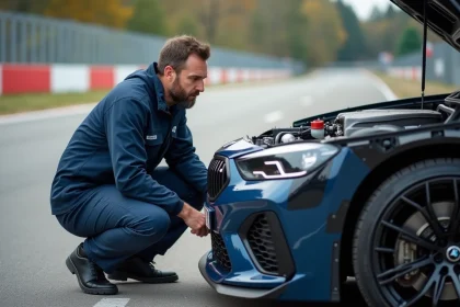 Ing&eacute;nieur automobile homme examine moteur haute performance