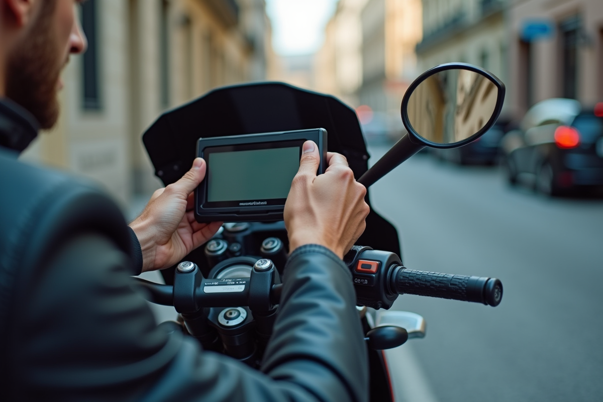 Motocycliste installant un GPS sur une moto moderne en ville