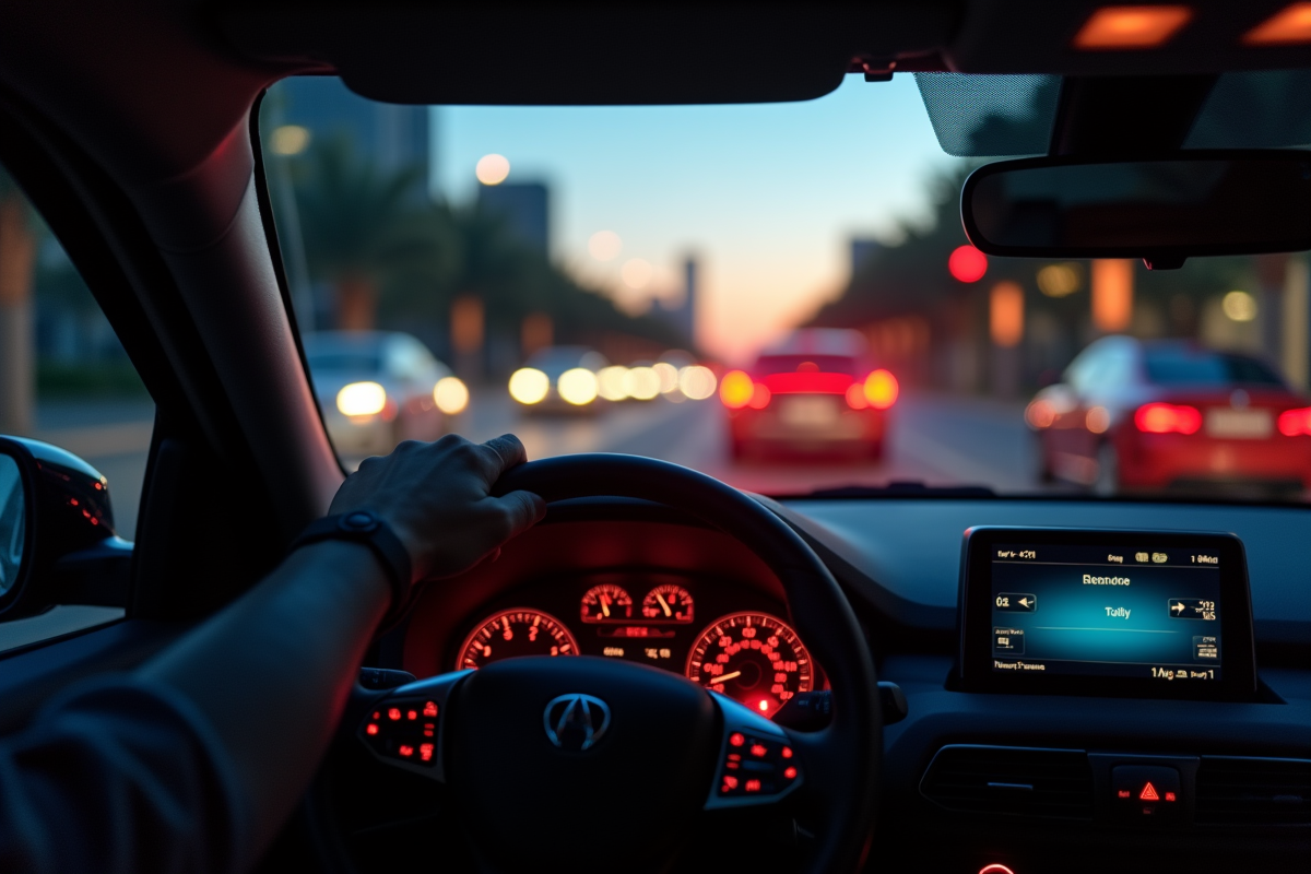 Conducteur dans une voiture au crépuscule avec feu rouge et amber