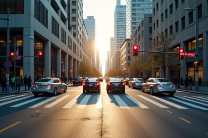 Intersection urbaine animée avec voitures et piétons en journée