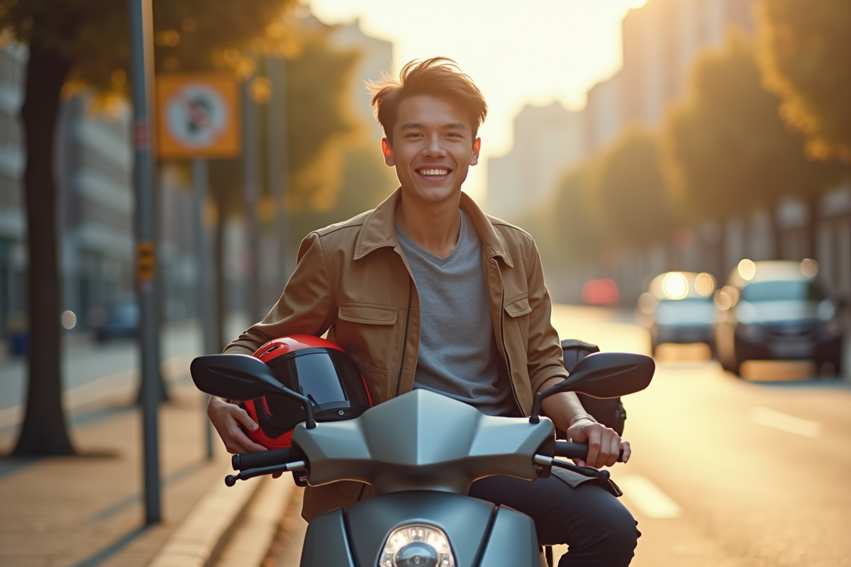 Jeune adulte avec casque scooter moderne en ville