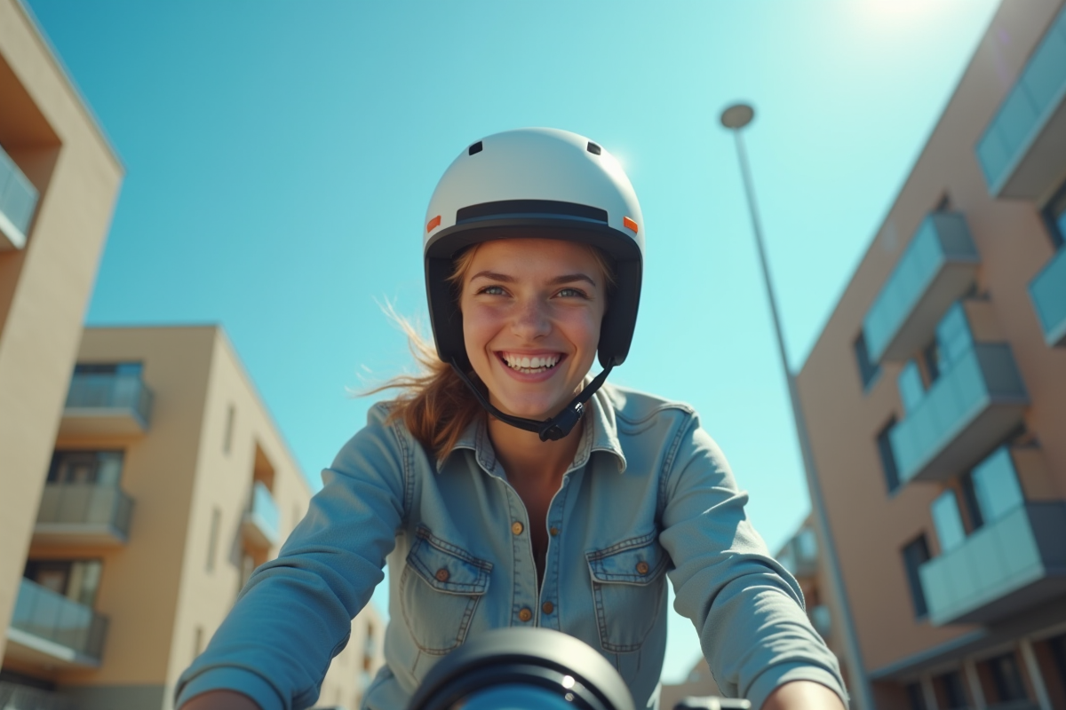 Jeune adulte portant casque certifie en ville lors d'une balade
