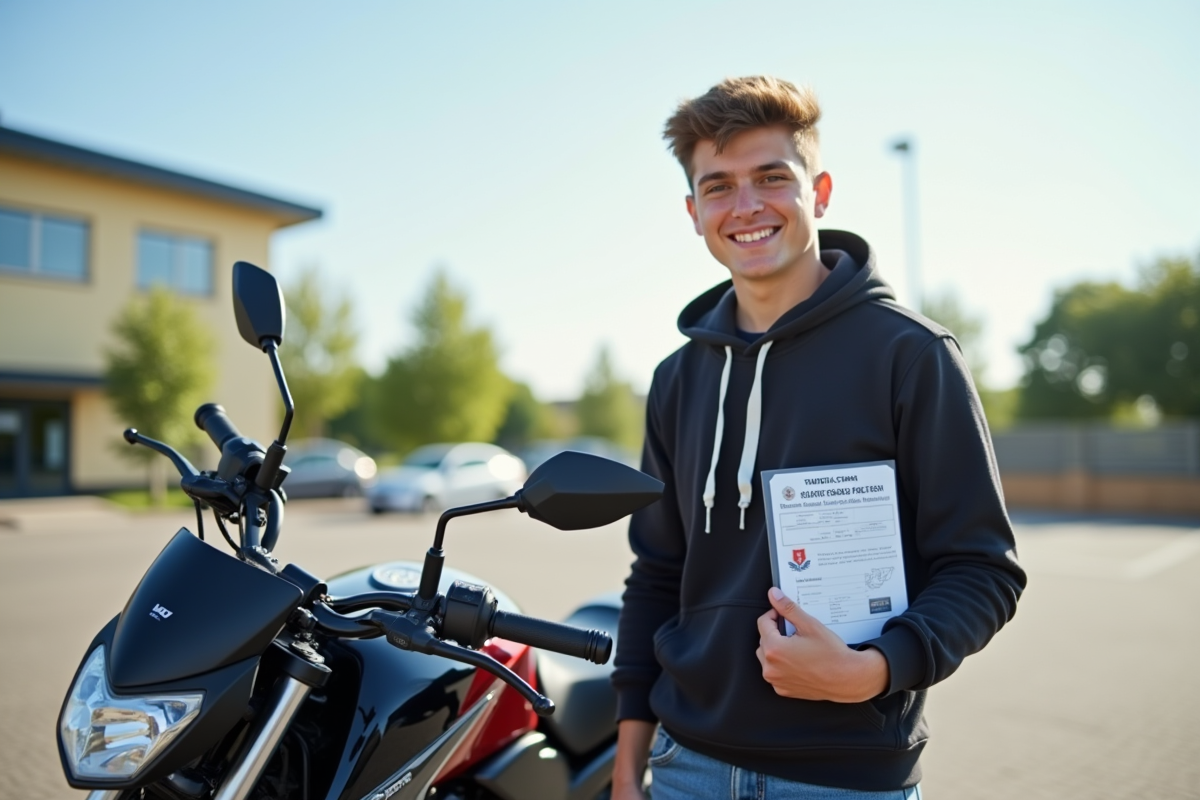 Jeune personne souriante avec permis moto à la main devant une moto moderne