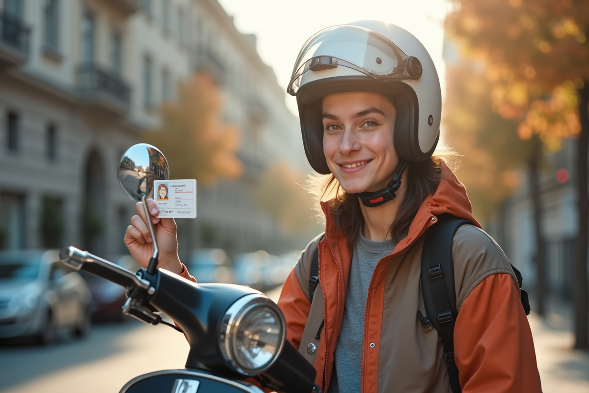 Jeune adulte avec casque et veste montrant son permis scooter en ville