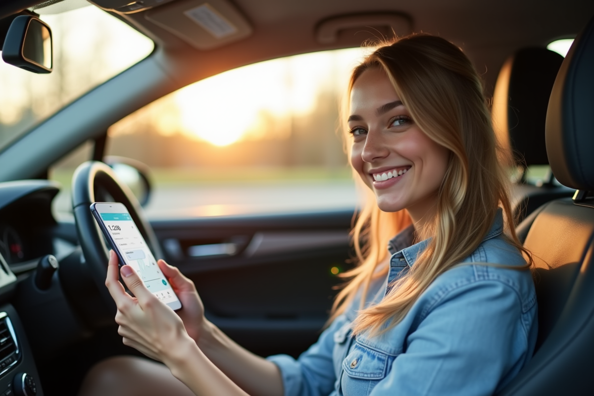 Jeune conducteur souriant dans une voiture moderne avec smartphone