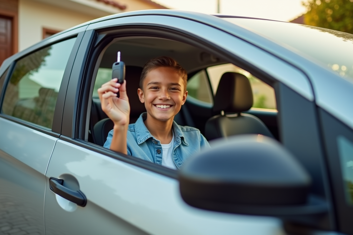 Jeune conducteur souriant dans une petite voiture moderne