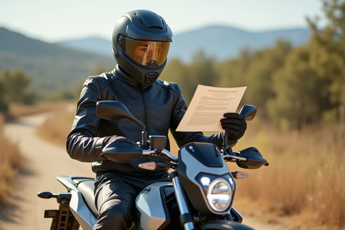 Jeune adulte en équipement de protection sur moto trial avec document
