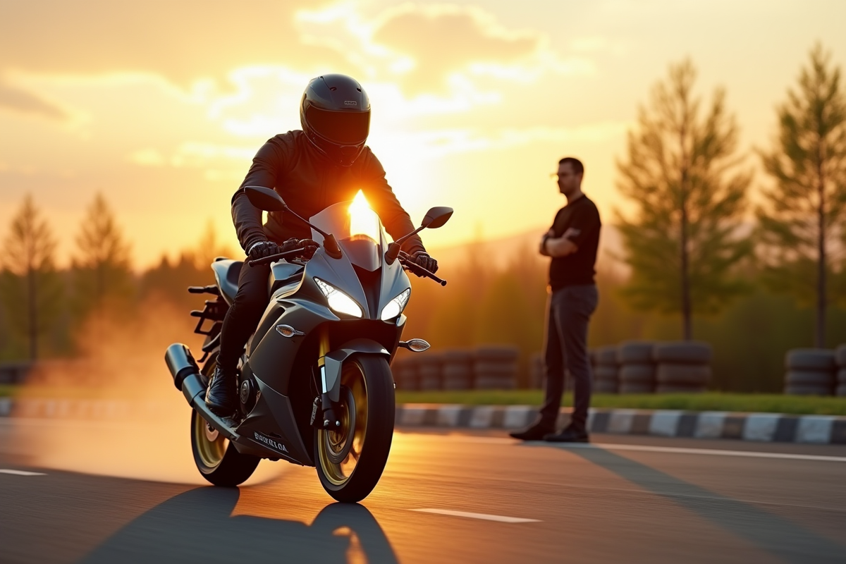 Jeune femme en équipement moto en formation au lever du soleil