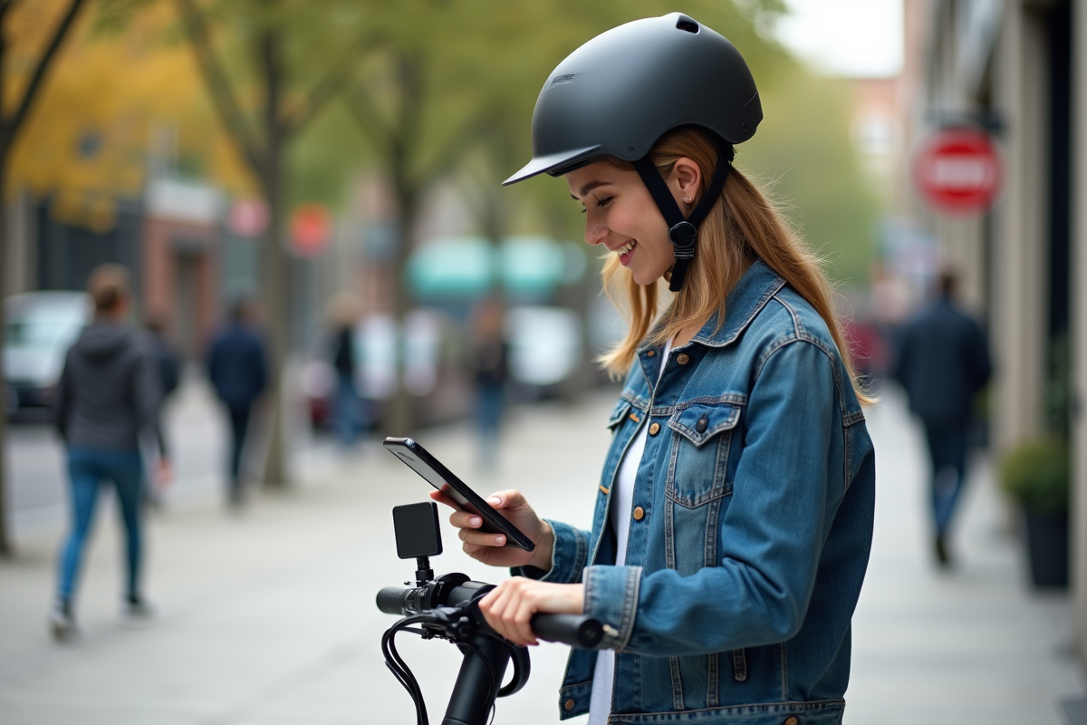Jeune femme en denim et casque activant GPS sur scooter
