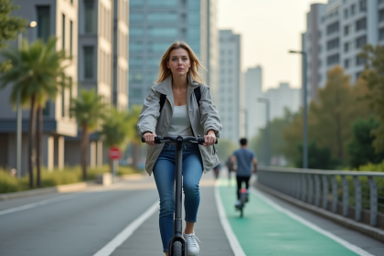Jeune femme en scooter dans une ville moderne