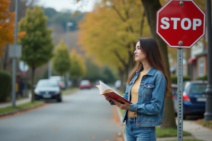 Jeune femme regardant un panneau stop dans une rue résidentielle