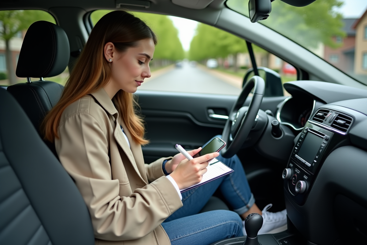 Jeune femme avec smartphone et carnet dans sa voiture