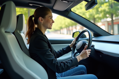 Jeune femme souriante dans une voiture &eacute;lectrique futuriste