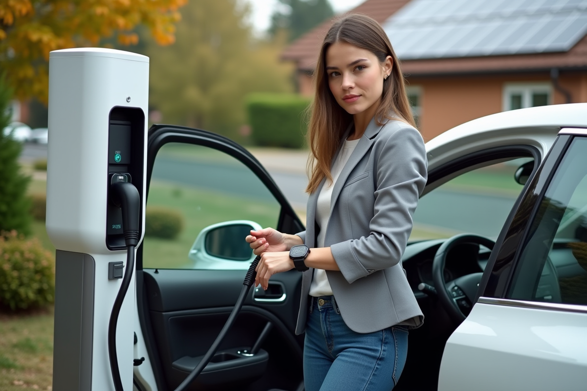 Jeune femme chargeant sa voiture électrique dans un environnement suburbain