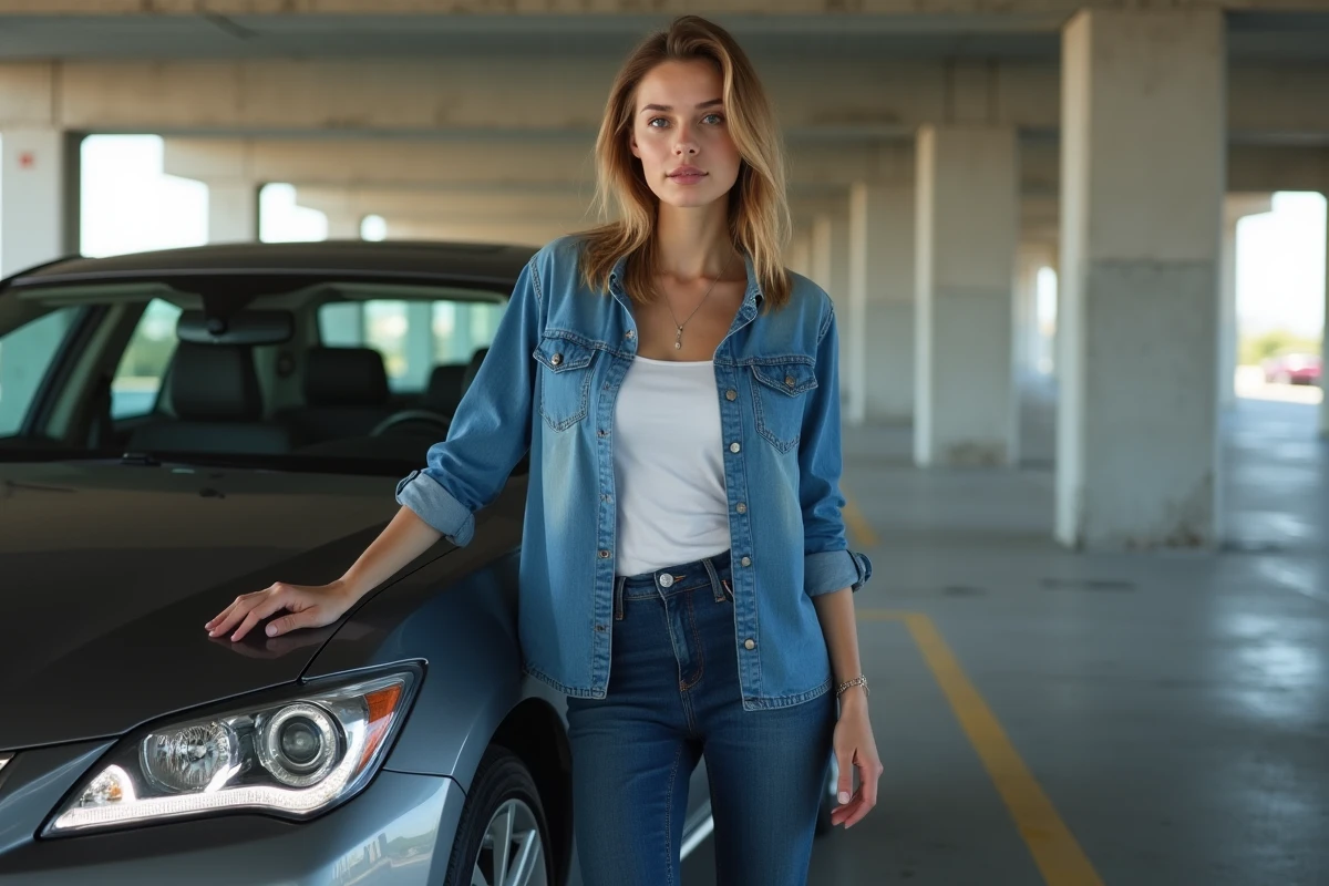 Jeune femme pose devant une voiture en parking urbain