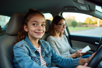 Jeune fille en denim au volant d'une voiture familiale