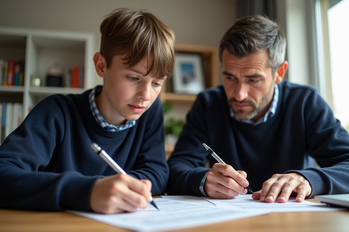Adolescent et père remplissant papiers de voiture ensemble