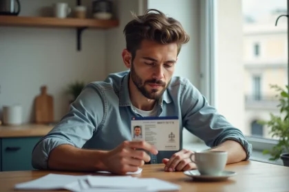 Jeune homme regardant son permis de conduire fran&ccedil;ais