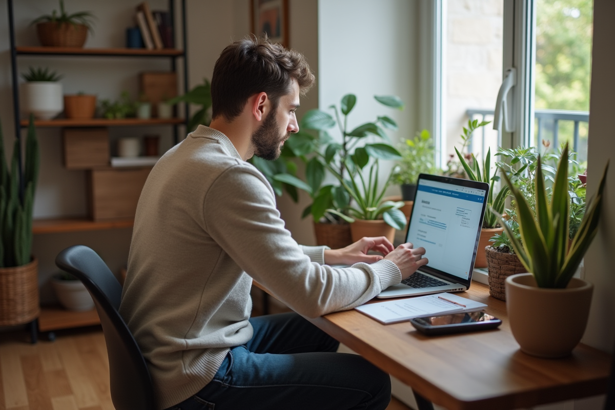 Jeune homme français utilise son ordinateur pour renouveler son permis