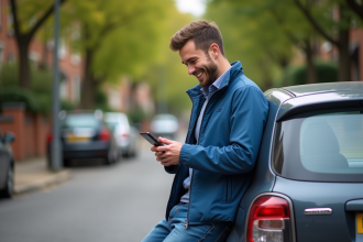 Jeune homme souriant avec voiture en arrière-plan