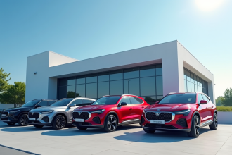 Vitrine de SUV 2025 colorés devant un bâtiment moderne